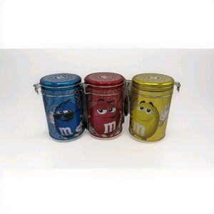 3  M&M Candy Collectible Tins With Latches- Blue, Red, Yellow Kitchen Storage
